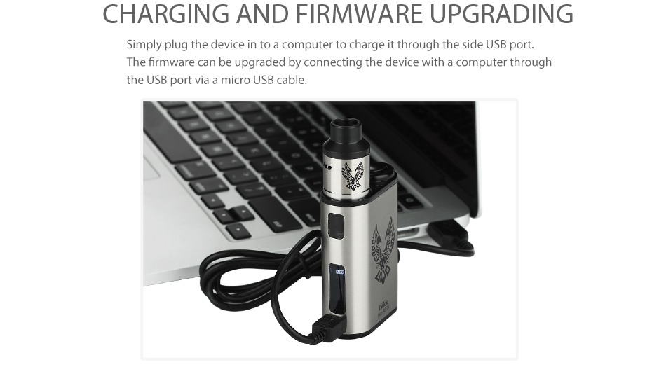 Eleaf iStick Pico RDTA 75W TC Kit 2300mAh CHARGING AND FIRMWARE UPGRADING Simply plug the device in to a computer to charge it through the side USB port The firmware can be upgraded by connecting the device with a computer through he USB port via a micro UsB cable