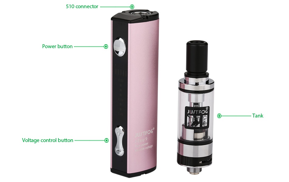 JUSTFOG Q16 Starter Kit 900mAh 510 connector Power button Tank Voltage control button