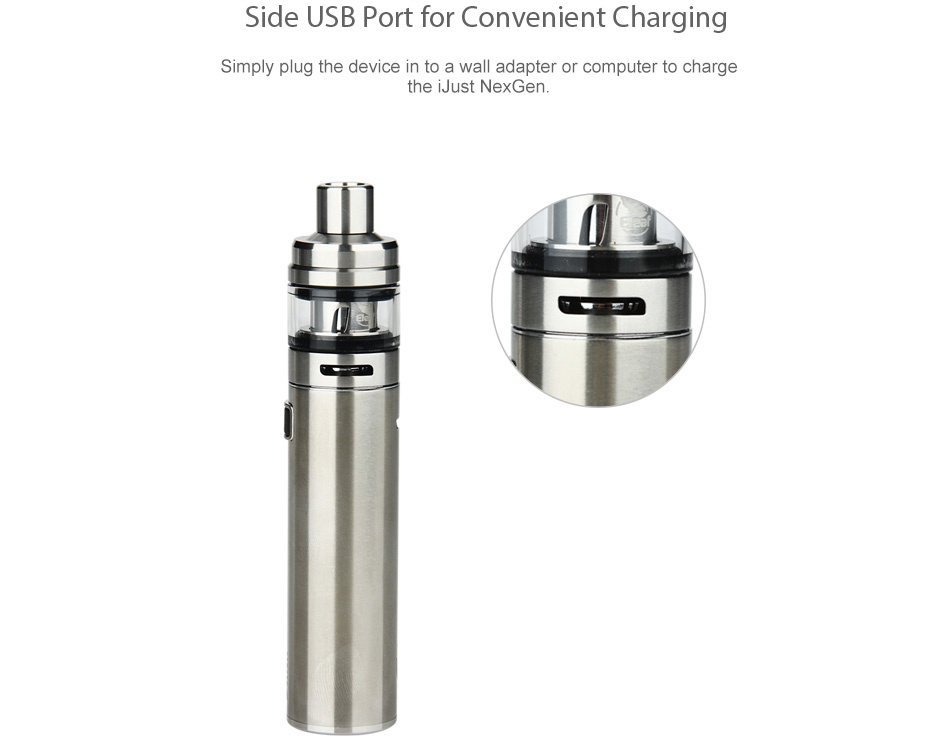 Eleaf iJust NexGen Full Kit 3000mAh Side USB Port for Convenient Charging Simply plug the device in to a wall adapter or computer to charge the iJust NexGen