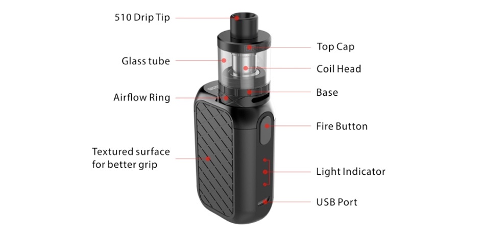 Digiflavor Ubox Kit with Utank 1700mAh 510 Drip Tip op cap Glass tube Coil Head Airflow Ring Fire button Textured surface for better grip Light Indicator USB Port