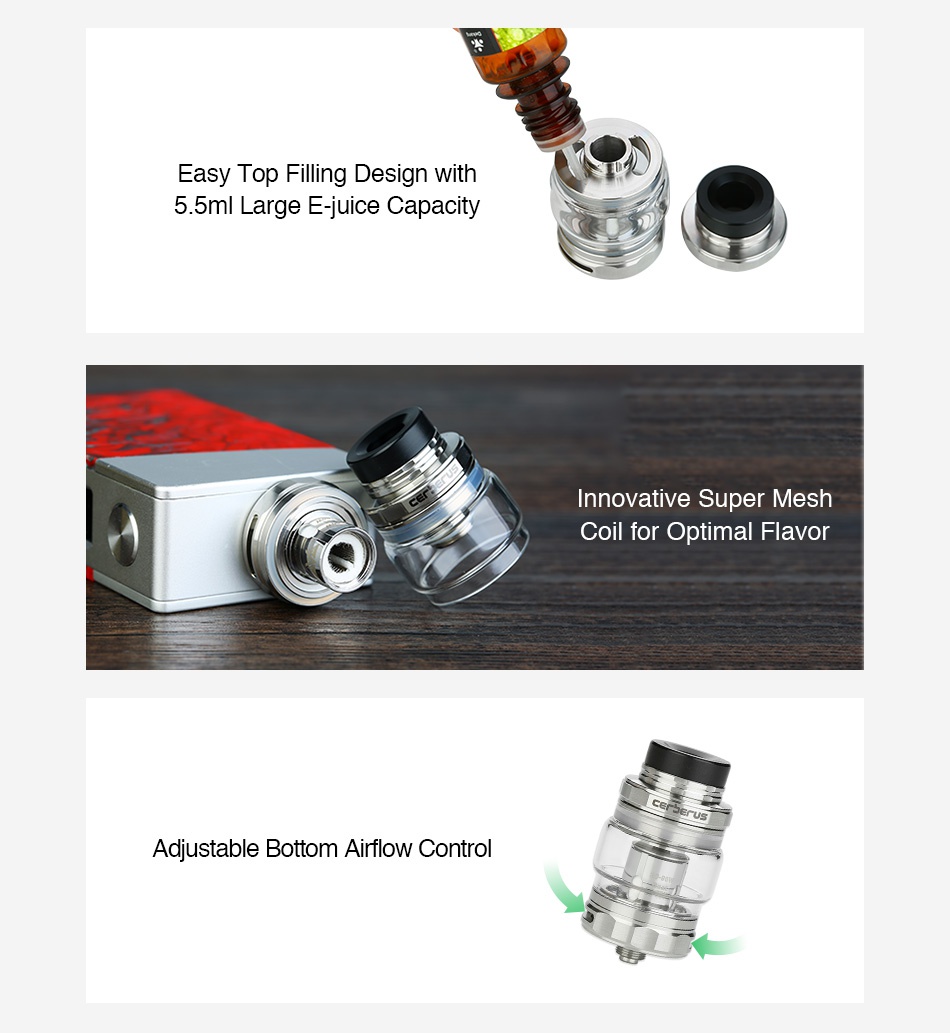 Geekvape Cerberus Subohm Tank 5.5ml Easy Top Filling Design with 5 5ml Large E juice Capacity ative Super Mesh Coil for optimal flavor Adjustable Bottom Airflow Control