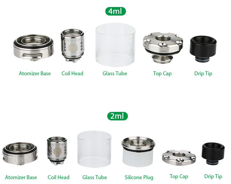 WOTOFO FLOW SUBTANK 4ml 4m Atomizer base Coil head Glass Tube p cap Drip Tip 2m Atomizer base Coil head Glass Tube Silicone Plug Top Cap Drip Tip