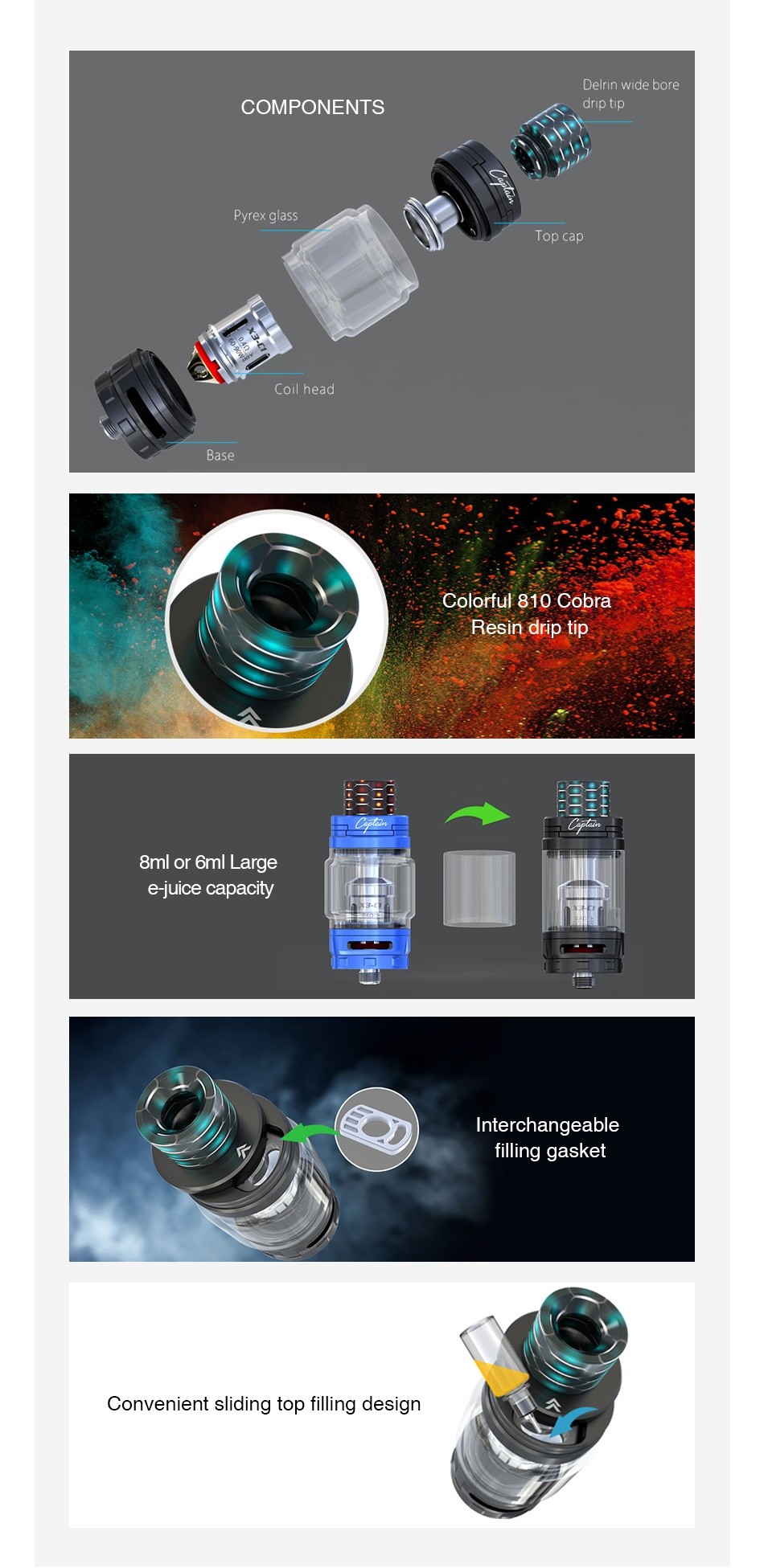 IJOY Captain X3 Subohm Tank 8ml Delrin wide bore COMPONENTS drip ti Pyrex glass Coil head Ba Colorful 810 Cobra Resin drip tip 8ml or 6ml Larg e Juice capacity interchangeable filling gasket Convenient sliding top filling design