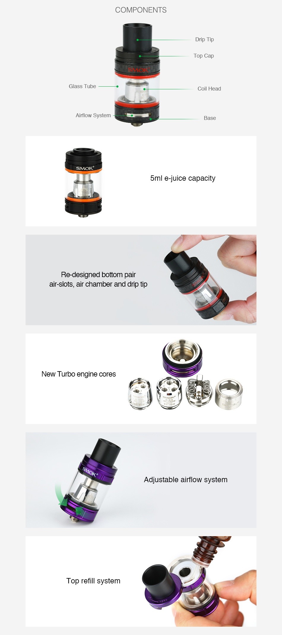 SMOK TFV8 Big Baby Beast Tank 5ml/2ml COMPONENTS Drip Ti G  ass Tube  Coil Head Airflow System SMOK 5ml e juice capacit Re designed bottom pair slots air chamber and drip tip New Turbo engine cores Adjustable airflow system Top refill system