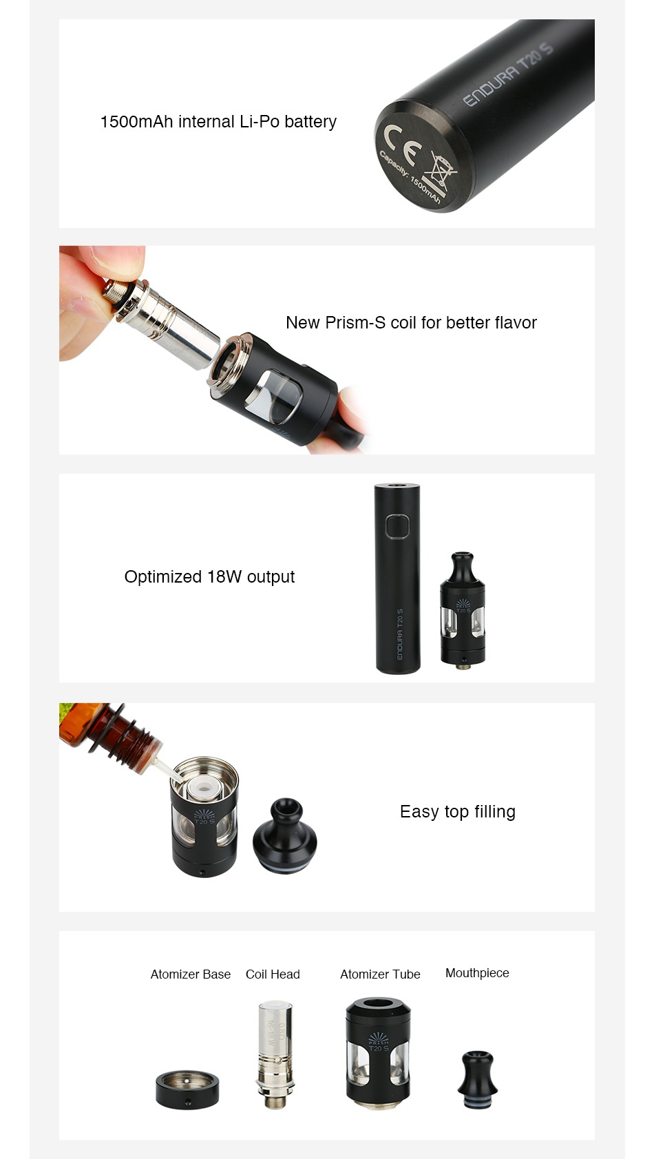 Innokin Endura T20-S Starter Kit 1500mAh 1500mAh internal Li Po battery New prism  s coil for better flavor Optimized 18W output Easy top filling Atomizer base coil head Atomizer Tube Mouthpiece