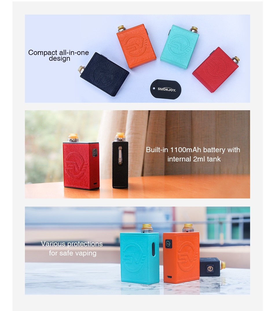 SMOKJOY SV AIO Starter Kit 1100mAh Compact all in one desian Built in 1 100mAh battery with internal 2ml tank Various protections or sate vaping