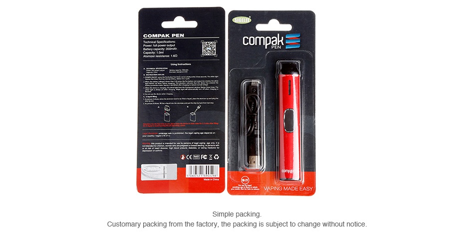 Compak Pen Kit 350mAh c  MPAK PEN compak EASY Simple packing Customary packing from the factory  the packing is subject to change without notice