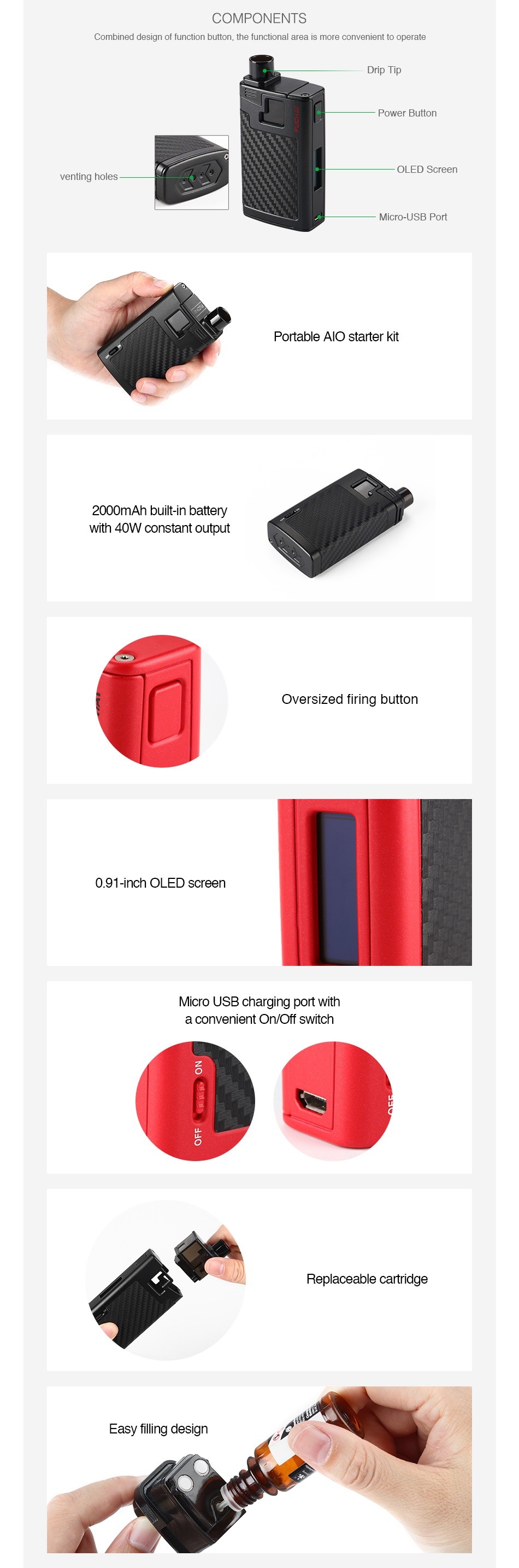 Fuchai Wildfox AIO Starter Kit 2000mAh COMPONENTS Drip Tip Power Bulle ventIng holes   FD SGreen Acr Ls Por Portable alo starter kit 2000mAh built in battery Mith 40W constant output Oversized firing butt 0 91 inch OLED screen a convenient on off switch Replaceable cartridge Easy filling desi