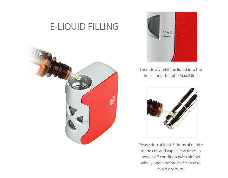 Vivakita Fusion Starter Kit 1500mAh E LIQUID FILLING MAX Then slot fill the liquid into the hole along the tube Max  2  0ml lease drip at least 5 drops of e juice to the coil and vape a few times in power off condition  with airflow idely open before its first use to avoid dry burn