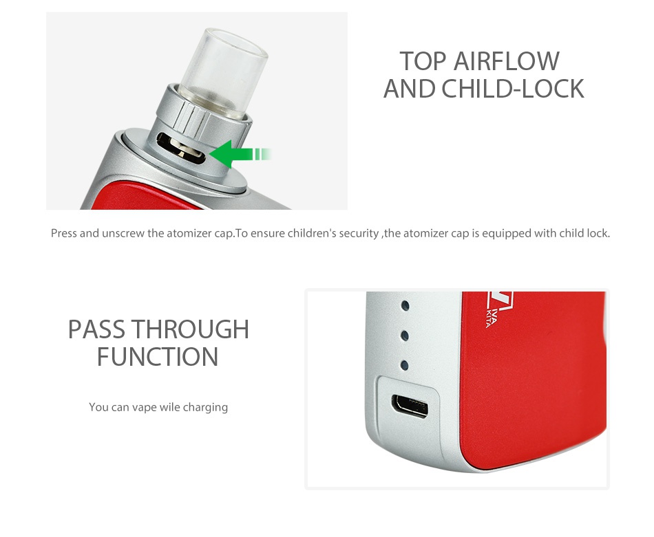 Vivakita Fusion Starter Kit 1500mAh TOP AIRFLOW AND CHILD LOCK Press and unscrew the atomizer cap To ensure children s security the atomizer cap is equipped with child lock  PASS THROUGH FUNCTION You can vape wile charging