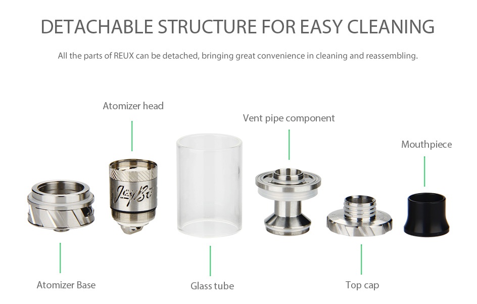 WISMEC Reux Atomizer Kit 6ml DETACHABLE STRUCTURE FOR EASY CLEANING All the parts of REUX can be detached  bringing great convenience in cleaning and reassembling Atomizer head Vent pipe component Mouthpiece    Atomizer base Glass tube
