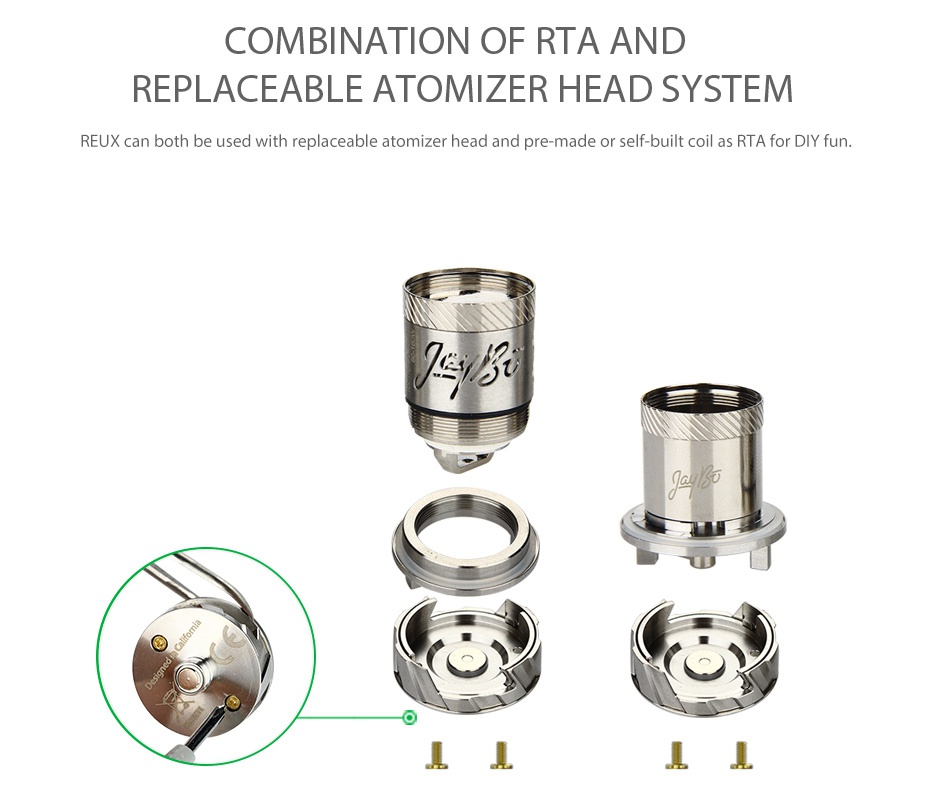 WISMEC Reux Atomizer Kit 6ml COMBINATION OF RTA AND REPLACEABLE ATOMIZER HEAD SYSTEM REUX can both be used with replaceable atomizer head and pre made or self built coil as RTA for DIY fun t