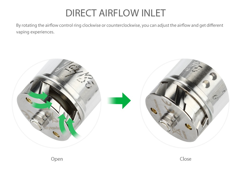 WISMEC Reux Atomizer 6ml DIRECT AIRFLOW INLET By rotating the airflow control ring clockwise or counterclockwise  you can adjust the airflow and get different Vaping experiences Open lose