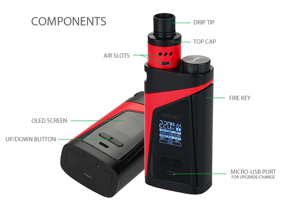 SMOK SKYHOOK RDTA BOX Starter Kit COMPONENTS DRIP TIP TOP CAP AIR SLOTS    OLED SCREEN   P DOWN BUTTON CRO USB PORT FOR UPGRADE CHANGE