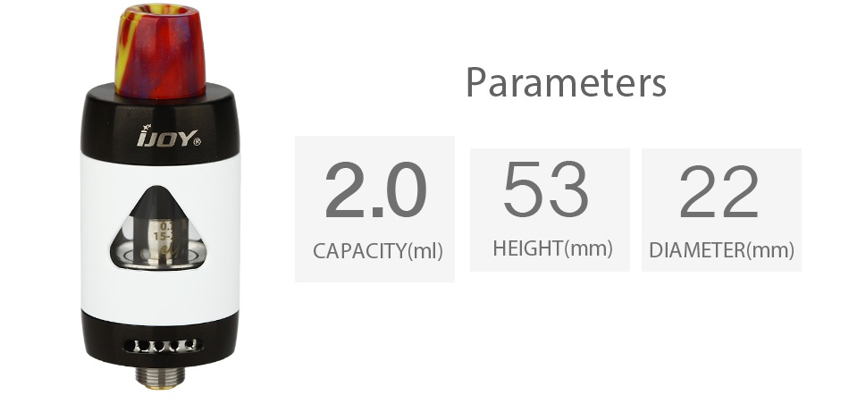 IJOY ELF Subohm Tank 2ml Parameters 2 05322 CAPACITY ml  HEIGHT mm  DIAMETER mm