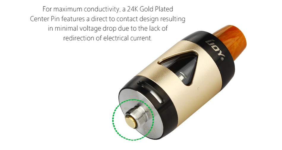 IJOY ELF Subohm Tank 2ml For maximum conductivity  a 24K Gold Plated Center Pin features a direct to contact design resulting in minimal voltage drop due to the lack of redirection of electrical current