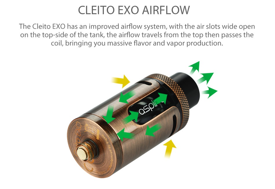 Aspire Cleito EXO Tank 2ml/3.5ml CLEITO EXO AIRFLOW The Cleito EXo has an improved airflow system  with the air slots wide open on the top side of the tank  the airflow travels from the top then passes the coil  bringing you massive flavor and vapor production