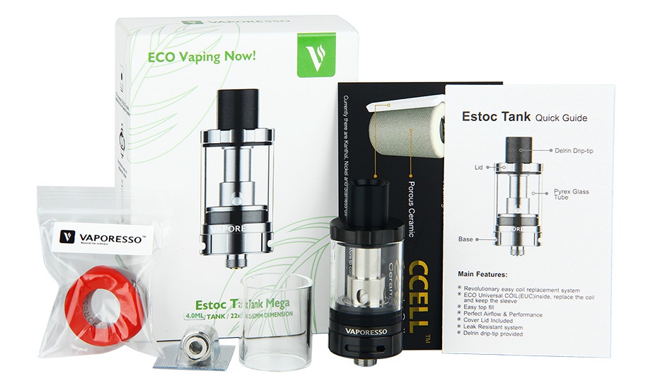 Vaporesso Estoc Tank Mega With EUC Coil 4ml ECO Vaping N Estoc Tank Quick Guide VAPORESSO Estoc Ta thank Mega 4 0ML TANK 225 DIMENSION VAPORESSO