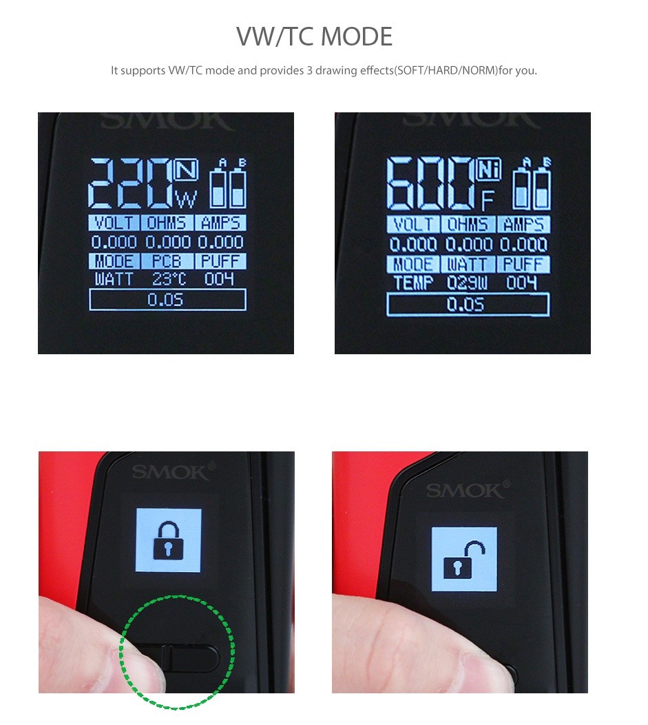 SMOK SKYHOOK RDTA BOX Starter Kit VW TC MODE It supports W TC mode and provides 3 drawing effects SOFT HARD NORM for you  I 5 VOLT OHMS AMPS WOLTIOHMS AMPS 0m00000000 0 0Q0n MODE FCB PUFF MODE UATT FUFF WATT 23 C 004 TEMP 029L 004 0 s 0 05 SMOK SMOKO