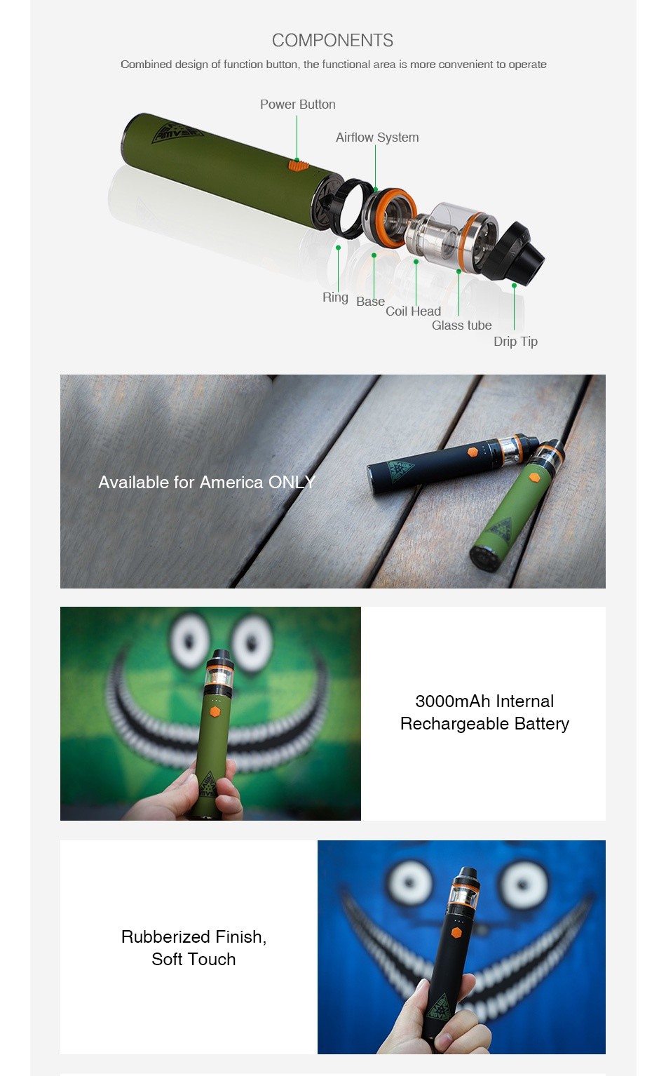 [US ONLY] Innokin AMVS Starter Kit 3000mAh COMPONENTS Combined design of function button  the functional area is more convenient to operate Power button Airflow System Base Coil head Glass tube Drip I ip Available for America ONL 3000mAh Internal Rechargeable Battery Rubberized finish Soft touch