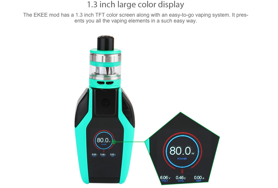 Joyetech Ekee 80W with ProCore Motor TC Kit 2000mAh 3 inch large color display The EKEE mod has a 1 3 inch TFT color screen along with an easy to go vaping system  It pres ents you all the vaping elements in a such easy way 80 0 80 0 POWER 606v046 000A