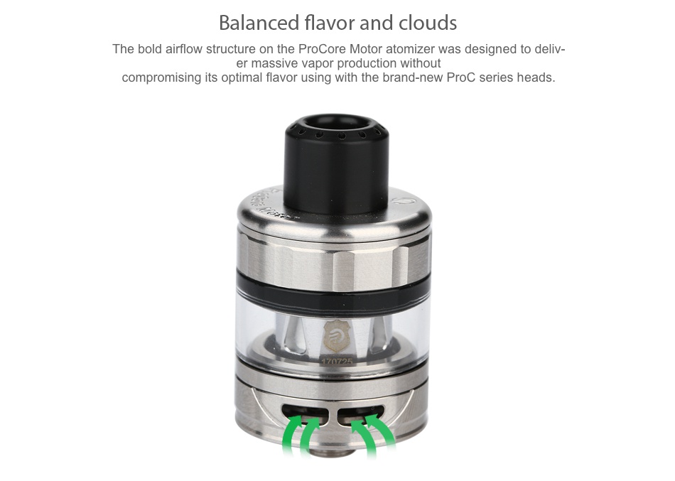 Joyetech Ekee 80W with ProCore Motor TC Kit 2000mAh Balanced flavor and clouds The bold airflow structure on the Procore Motor atomizer was designed to deliv er massive vapor production withou compromising its optimal flavor using with the brand new Proc series heads