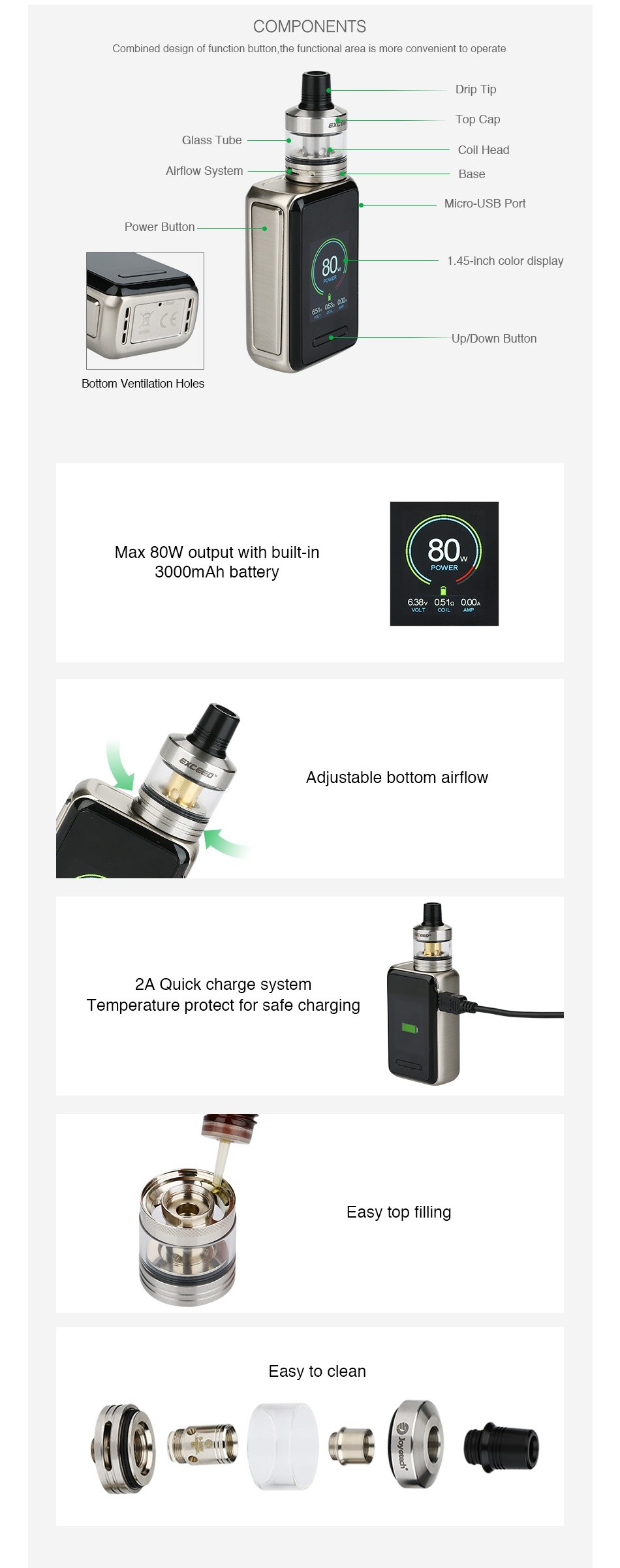 Joyetech CUBOID Lite 80W with Exceed D22 TC Kit 3000mAh COMPONENTS Combined design of function button  the functional area is more convenient to operate Glass tube Coil Head   rlow system ase Micro USB Port Power Button 80 Botom ventilation holds Max 80W output with built in 80 3000mAh battery Adjustable bottom airflow 2A Quick charge system Temperature protect for safe charging Easy top filling Easy to clean  e