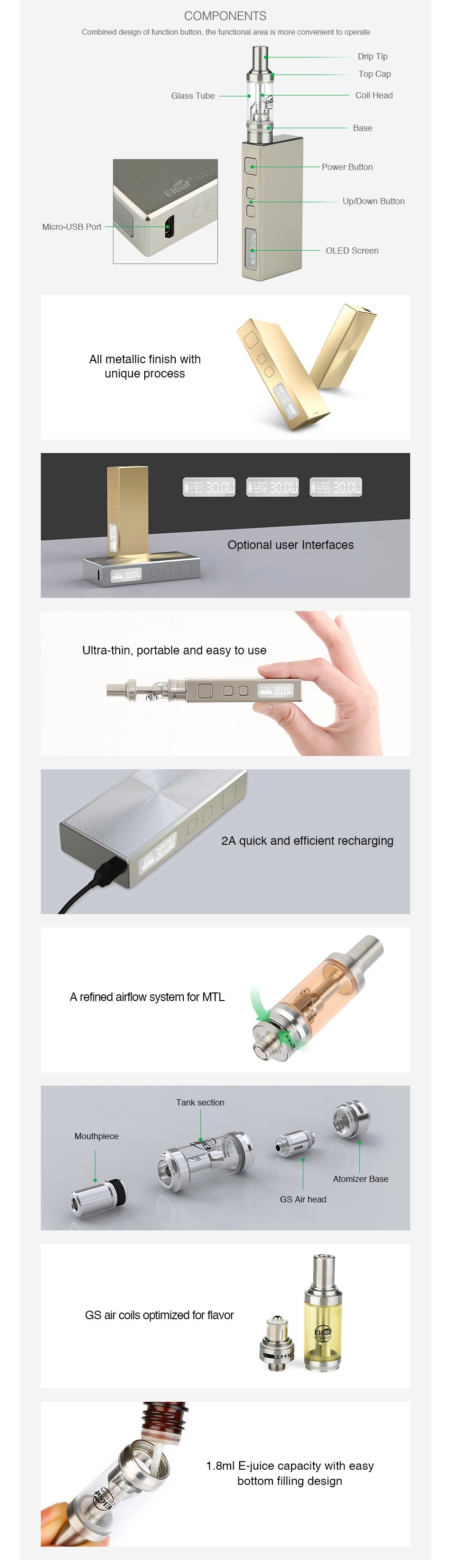 Eleaf BASAL with GS BASAL VV Kit 1500mAh OMPONENTS Combined desion of functon butan thc functiona aron is mcro Glass Tubc Coil Head Lase   Powcr Dutton All metallic finish with Ultra thin  portable and easy to use 2A quick and efficient recharging A refined airflow system for MTL Tank socHie Mouth Atomic Basc GS air coils optimized for flavor 1 8ml E juice capacity with easy