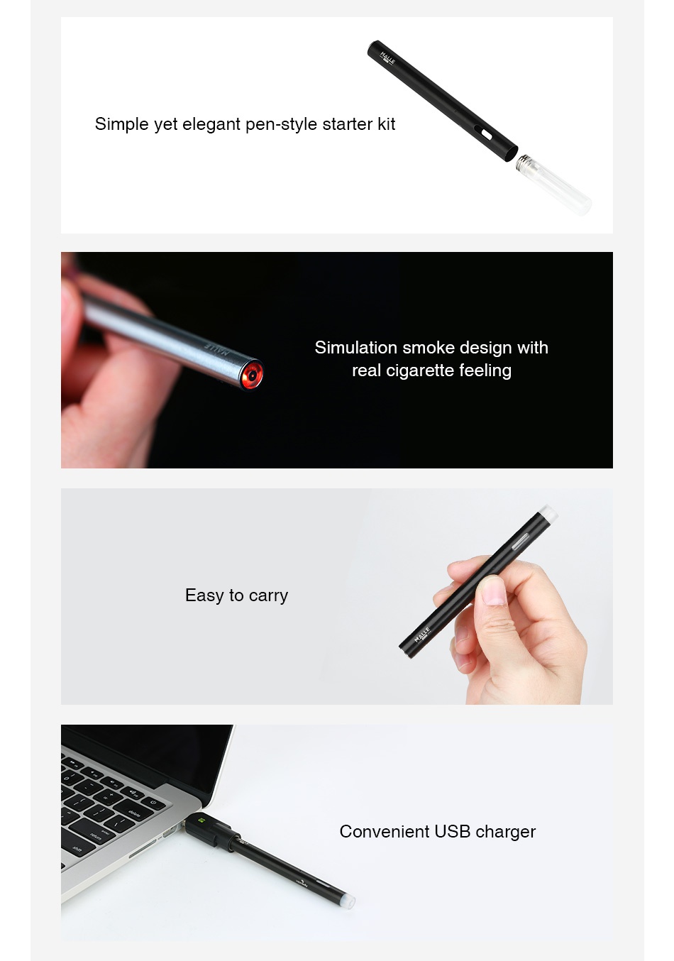 VapeOnly Malle AIO Starter Kit 180mAh Simple yet elegant pen style starter kit Simulation smoke design with real cigarette feeling Easy to carry Convenient USB charger