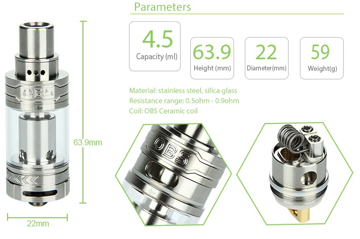 OBS ACE Tank Atomizer with RBA Head - 4.5ml, Steel Parameters   4 5 63 92259 Material  stainless steel  silica glass Resistance range  0 5ohm 0 9oh Coil  obs Ceramic coil 63 9mm mm