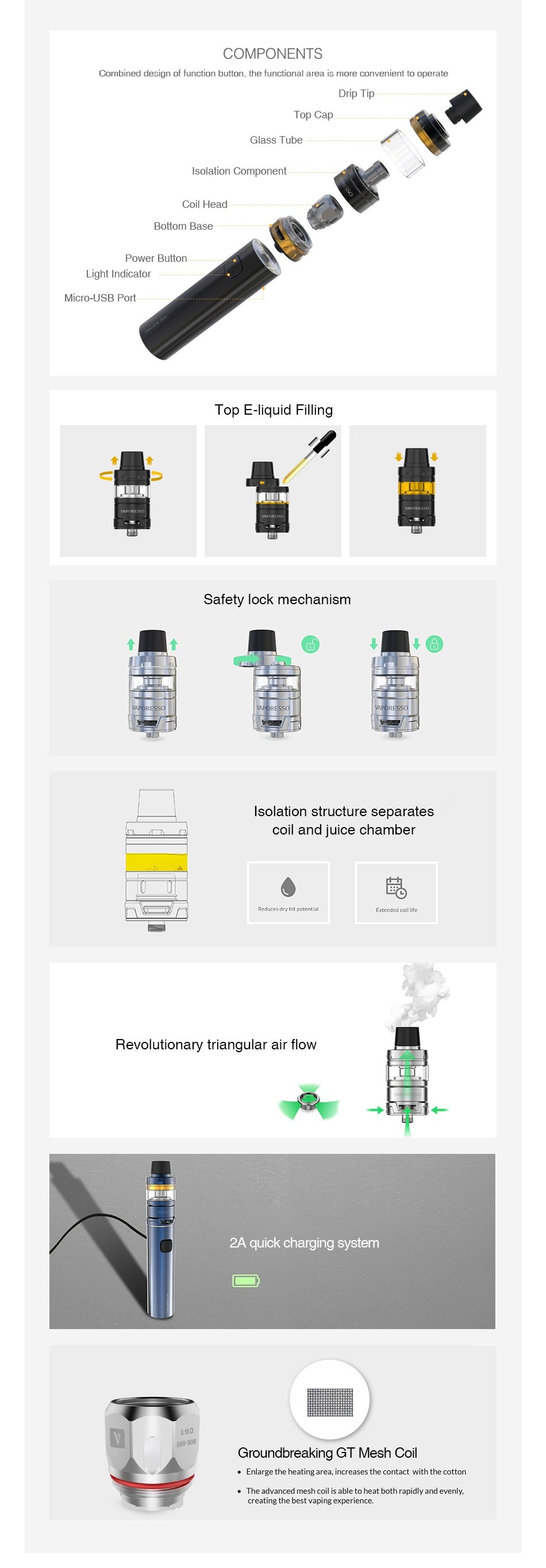 Vaporesso Cascade One Starter Kit 1800mAh COMPONENTS Cnmhinrr rngign nf funnrinn huron  thn funntinnal arma in mnm nnnvnninnt tn npnratr Glass Tube Isola Coil Head Bottom base ower Button Light Indicato Micro USB Port Top E liquid Filling Safety lock mechanism Isolation structure separates coil and juice chamber Revolutionary triangular air flow 2A quick charging system Groundbreaking GT Mesh Coil The advanced mesh coil is able to heat both rapidly and even