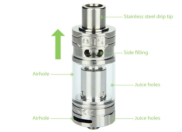 OBS ACE Tank Atomizer with RBA Head - 4.5ml, Steel Stainless steel drip tip Side filling Airhole