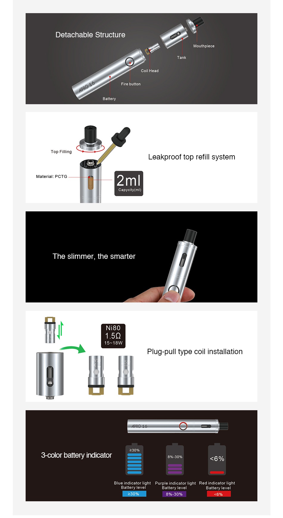 UD Apro 16 Starter Kit 800mAh Detachable structure Batter Top Filling eakproof top refill system Material  Pctg 2ml The slimmer the smarter Ni80 5 15 18W Plug pull type coil installation  30  3 color battery indicator  6  Blue indicator light Purple indicator light Red indicator light