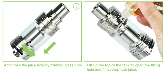 OBS ACE Tank Atomizer with RBA Head - 4.5ml, Steel And close the juice hole by rotating glass tube Lift up the top of the tank to open the filling