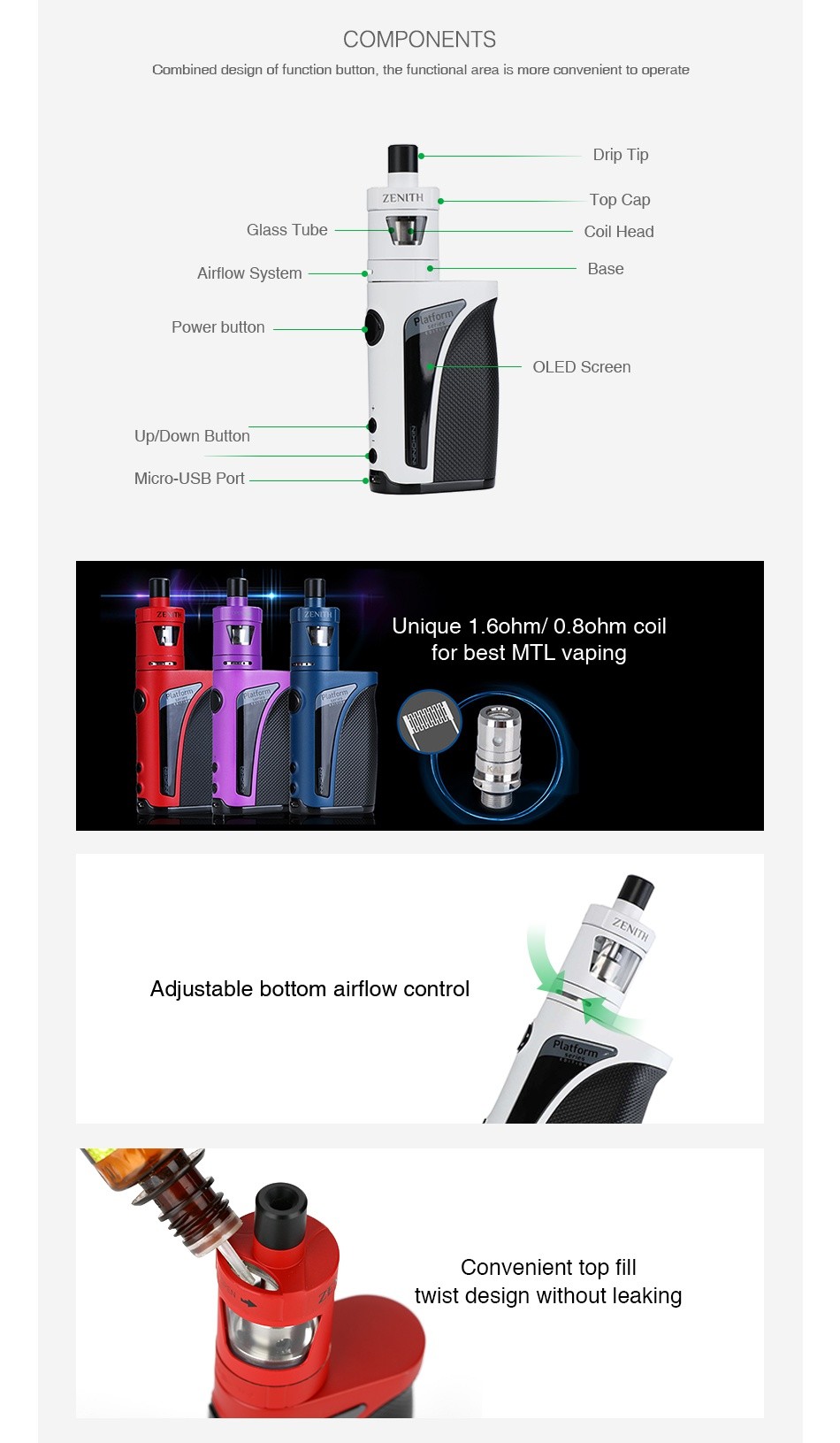 Innokin Kroma-A 75W TC Kit with Zenith Atomizer 2000mAh COMPONENTS Coml Drip I ip ZENITH Glass Tube Airflow Systel ower button OLED Screen Micro USB PO Unique 1ohm   8ohm coi for best mt vapin Adiustable bottom airflow contro Convenient top twist design without leaking