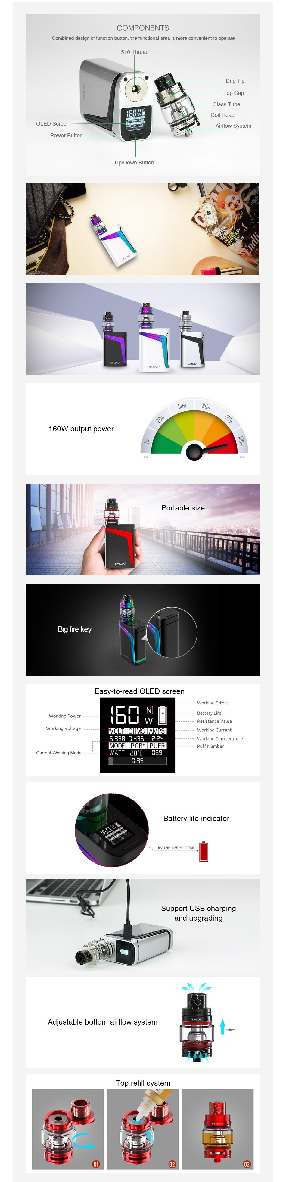 SMOK V-FIN 160W with TFV12 Big Baby Prince TC Kit 8000mAh COMPONENTS Upon Easy to read OLED scree wvorking crage curan votes Support USB charging Adjustable bottom airflow system