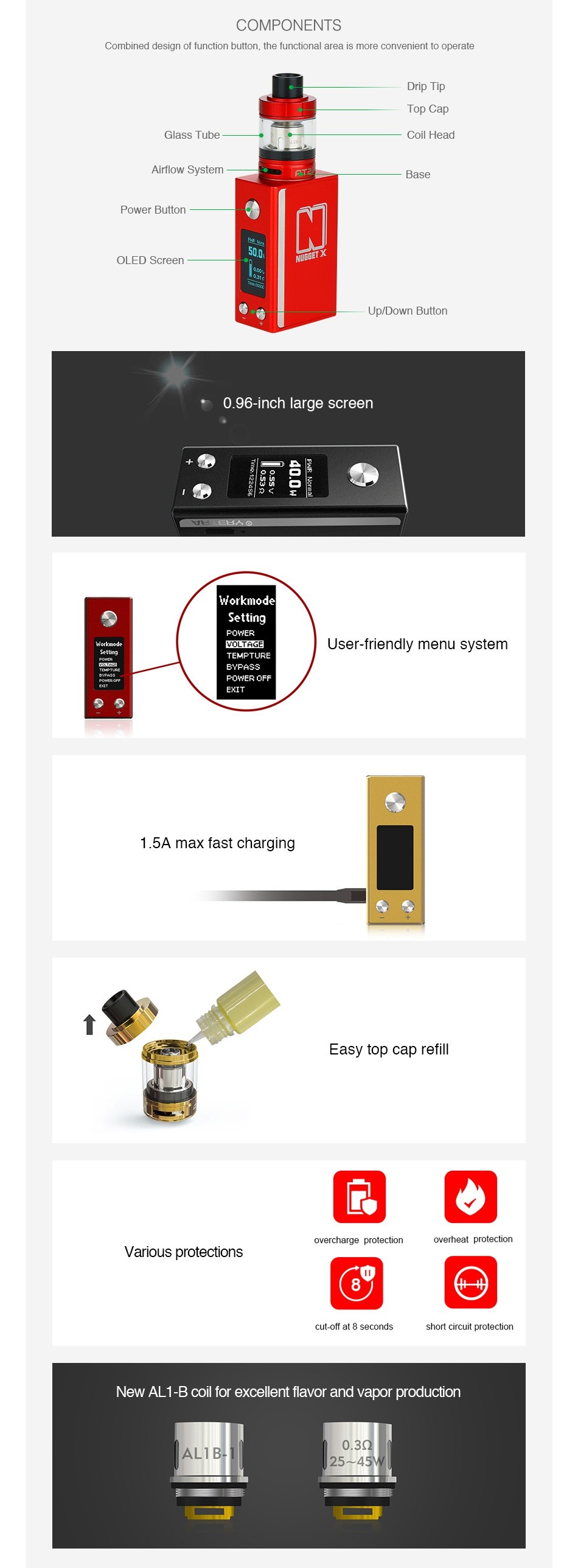 Artery Nugget X 50W with AT22 TC Starter Kit 2000mAh COMPONENTS Combined design of function button  the functional area is more convenient to operate Glass Tube Coil Head Airflow System Basc Puwcr Buller OlED Scrccn up Dawn Button 0 96 inch large screen User friendly menu system 1 5A max fast charging Easy top cap refil Various protections cul off al 8 secoNds New AL1 B coil for excellent flavor and vapor production 0 3 ALlB