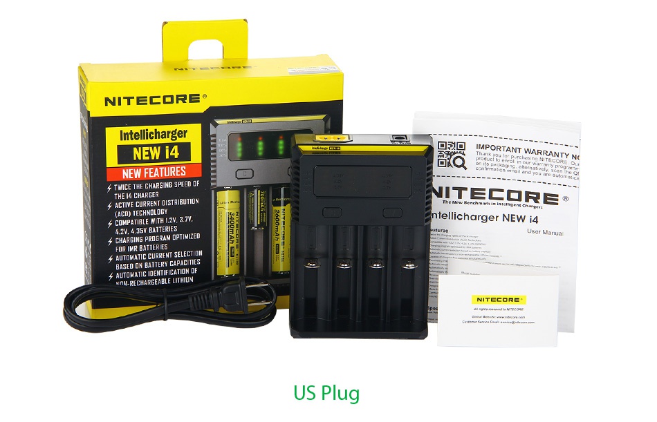 Nitecore Intellicharger New I4 Li-ion/NiMH Battery 4-slot Charger NTEc R  Intellicharger NEW14ii MPORTANT WARRANTY NEW FEATURES  NHE  RE N RECHARGEABLE LITI NITECORE US Plug