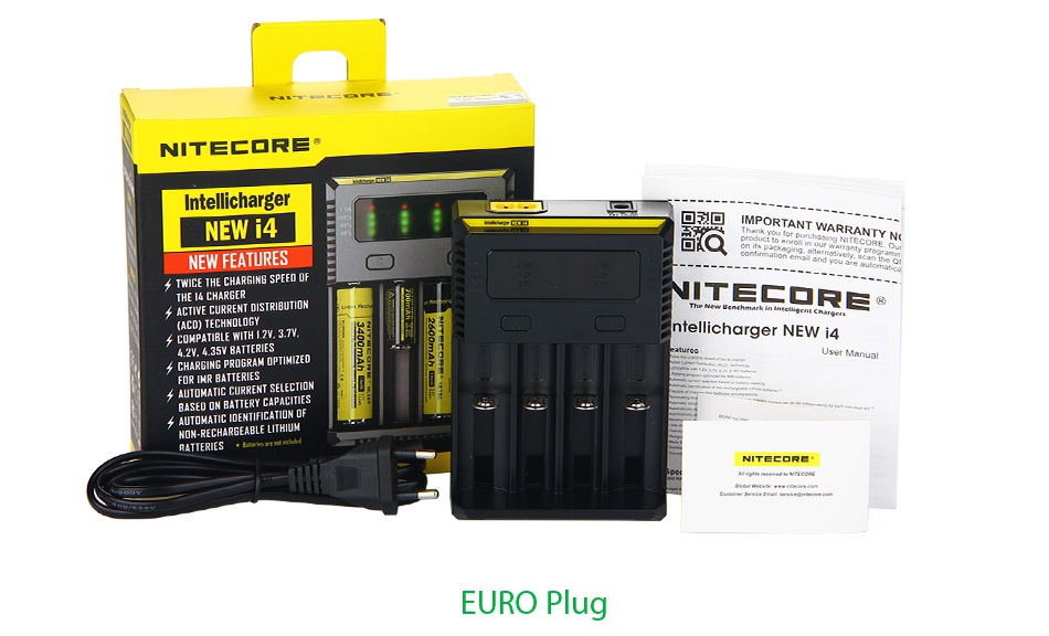 Nitecore Intellicharger New I4 Li-ion/NiMH Battery 4-slot Charger NITEEORE Intellicharger NEW i4   PORTANT WARRANTY N NEW FEATURESEO s TWICE THE CHARGING SPEED OF NTER  ger NEW i4 EURO Plug