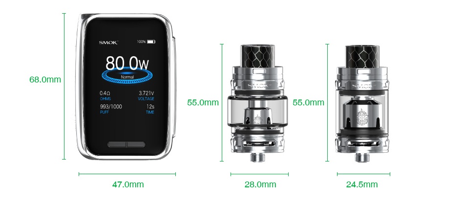 SMOK X-Priv Baby 80W TC Kit with TFV12 Big Baby Prince 2300mAh MOK 800W 8 0mm 55 omm 47 0 28 0mm 24 5mm