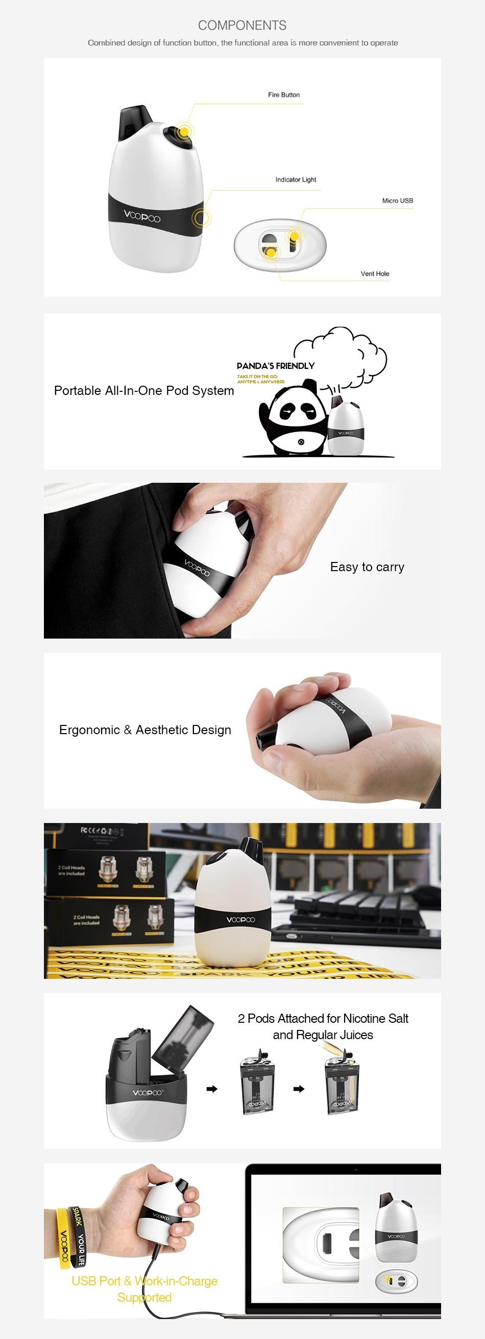 VOOPOO Panda AIO Pod Kit 1100mAh COMPONENTS Combined design ot function button  the functional area is more convenient to operate Fire Burton Micro us  Went Hole PANDAS FRIENDLY Portable All In One Pod System Ergonomic Aesthetic Design RcEYOIO  2 Pods Attached for nicotine salt and reqular Juices     USB Port vork in Charge Supported