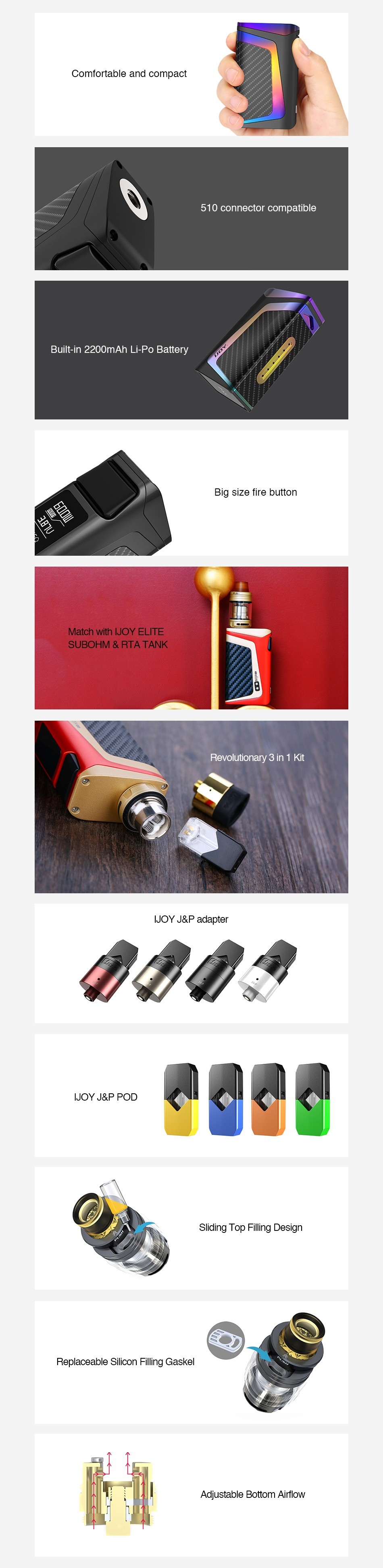 IJOY ELITE Mini 60W TC Kit 2200mAh Match with JOY ELITE SUBOHM BTA TANK i JJOYJ P POD A  iding Top Filling Design djustable Bottom Airflow