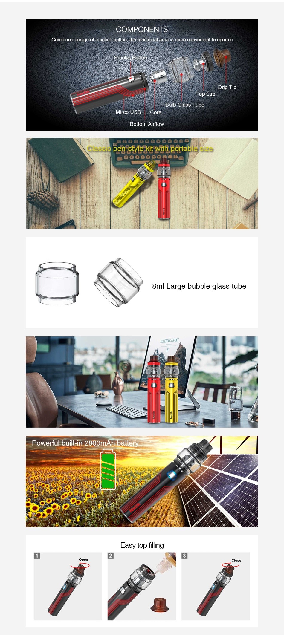 Nextvapor Nstik Pro Starter Kit 2800mAh COMPONENTS Cnmhiner design nf function hittin the functinnal area is mnre nnnmvenient tn operate Drip Tip Top Cap Bulb glass Tube Mirco USB Co Bottom airflow Chose penstyeckit witR Bortabrelsne ORGMO0OaO 8ml Large bubble glass tube Powerful built in 2800mAh battery Easy top filling 2 3