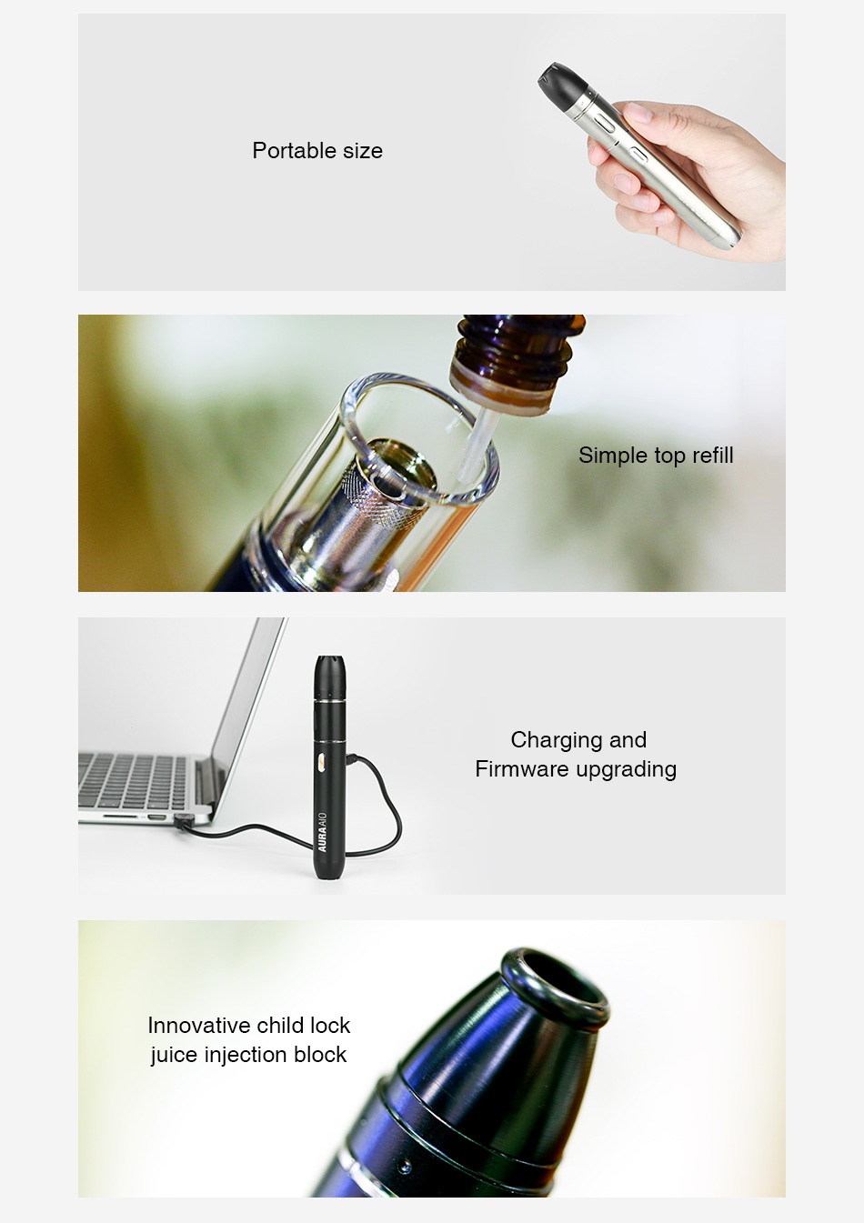VapeOnly Aura AIO Starter Kit 2000mAh Portable size Simple top refil arguing and Firmware upgrading nnovative child lock juice injection block
