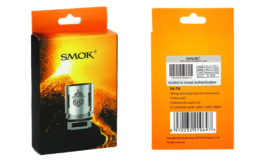 SMOK TFV8 V8 Replacement Coils 3pcs SMOK scratch to reveal authenticate v8 T8 you deep and ricl d taste Patented Octuple 0150 50W 260W BEsT120W 180W  6970232210697 Copynight 2016 All rights reserved