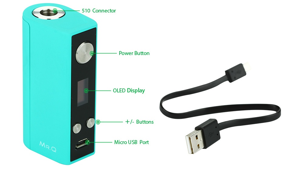 SMY MR.Q 40W TC MOD 510C Power Button OLED Display    Buttons Micro usb port Q