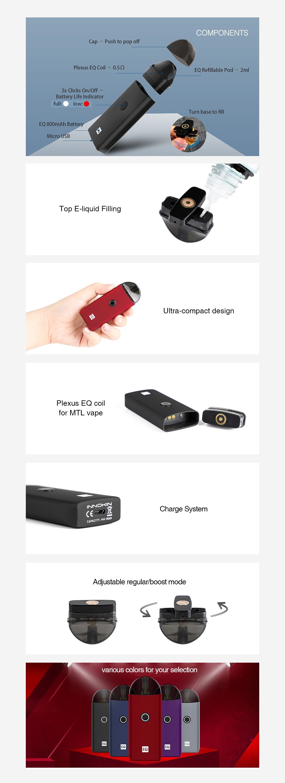 Innokin EQ Starter Kit 800mAh COMPONENTS x Clicks On off Battery Life Indicator EQ 800mAh Battery Top E liquid Filling ign Plexus eQ co Adjustable regular boost mode arious colors for your selection E