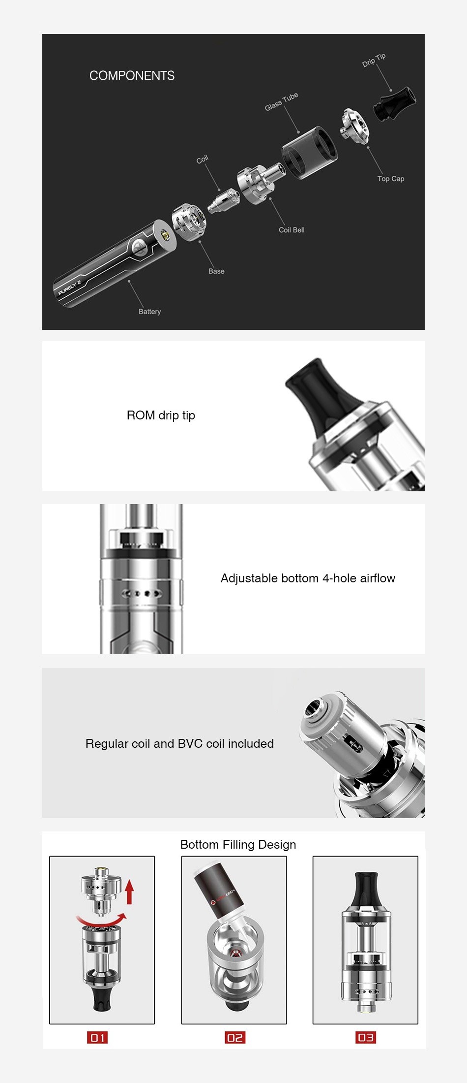 [With Warnings] Fumytech Purely 2 Plus Starter Kit 1600mAh COMPONENTS Battery ROM drip tip Adjustable bottom 4 hole airflow Regular coil and Bvc coil included Bottom Filling Design  3
