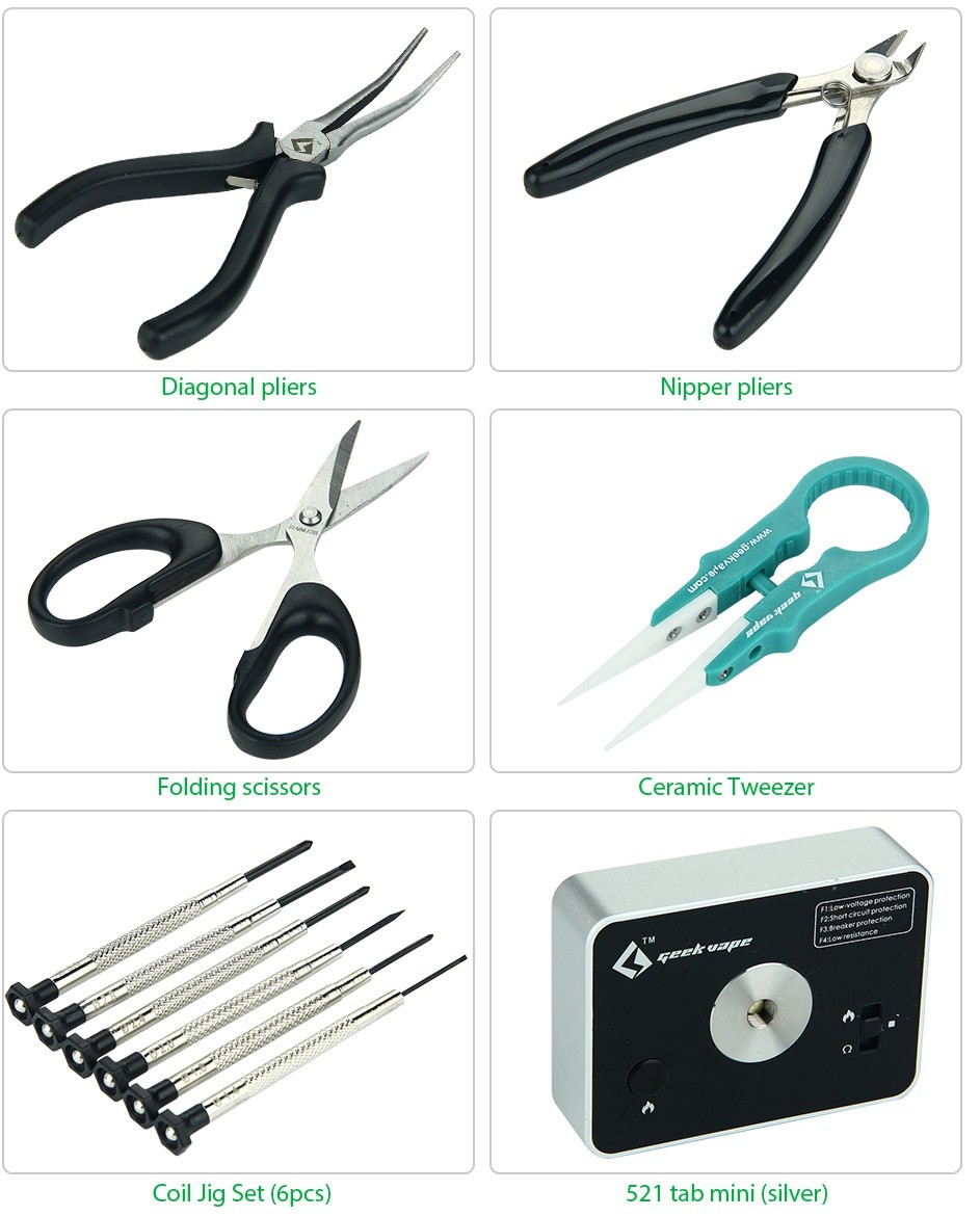 GeekVape 521 Master Kit V2 Diagonal pliers Nipper pliers Folding scissors Ceramic Tweezer Coil Jig Set 6pcs  521 tab mini  silver