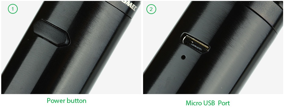 WISMEC Vicino Battery Tube Power button Micro usb port